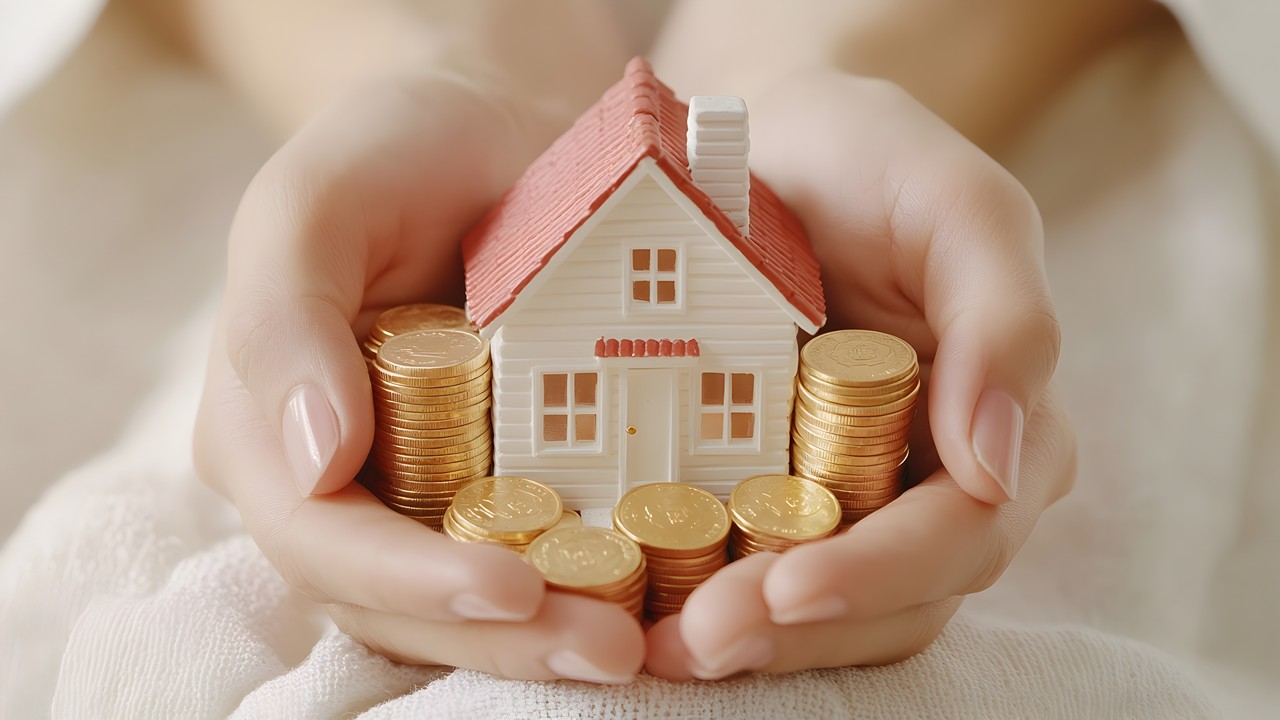 Sepasang tangan memegang miniatur rumah putih dengan atap merah yang dikelilingi tumpukan koin emas sebagai ilustrasi cara menabung untuk beli rumah.